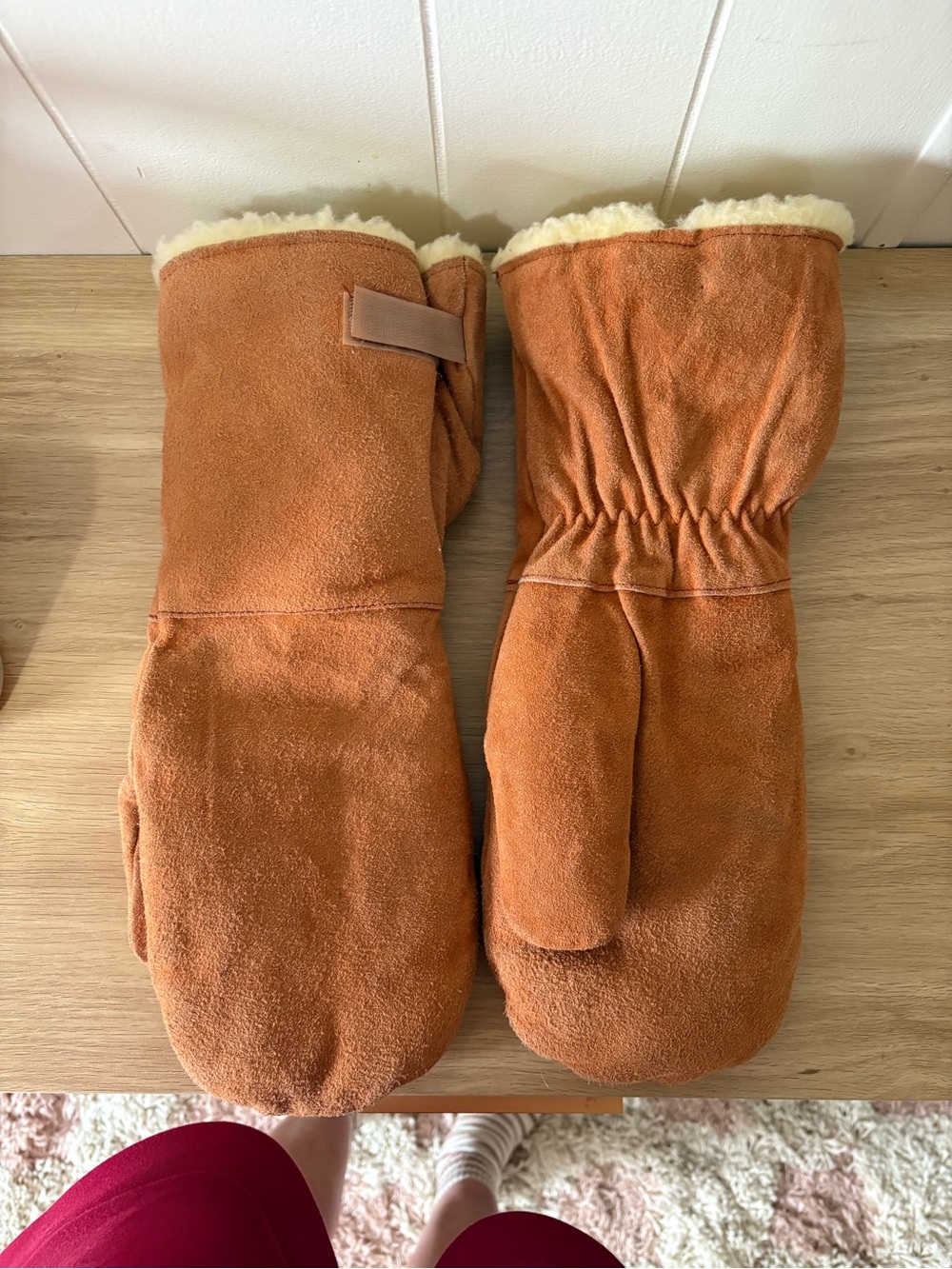 Vintage Orange Suede Shearling-Lined Mittens
